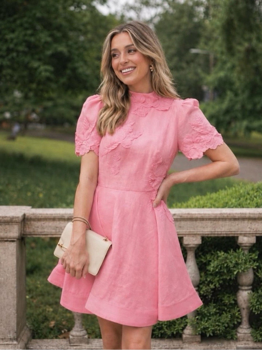 ANTONIO MELANI Pink Lace-Appliqué Short Sleeve Linen Mini Dress